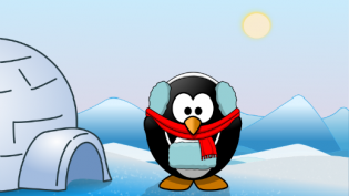 Linux penguin at the north pole beside an igloo