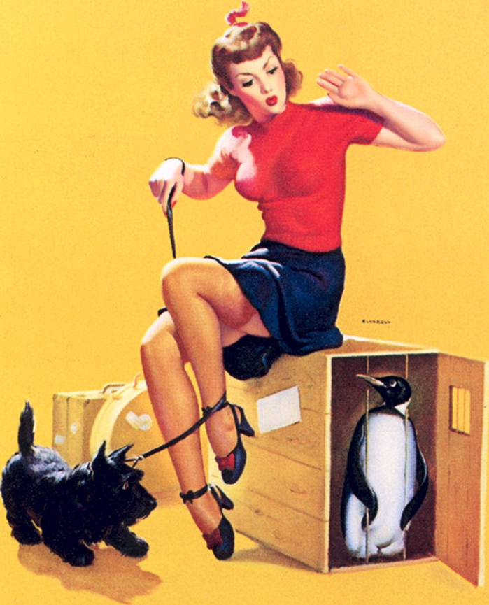 [girl with leashed dog, sitting upon wooden shipping crate containing caged penguin]